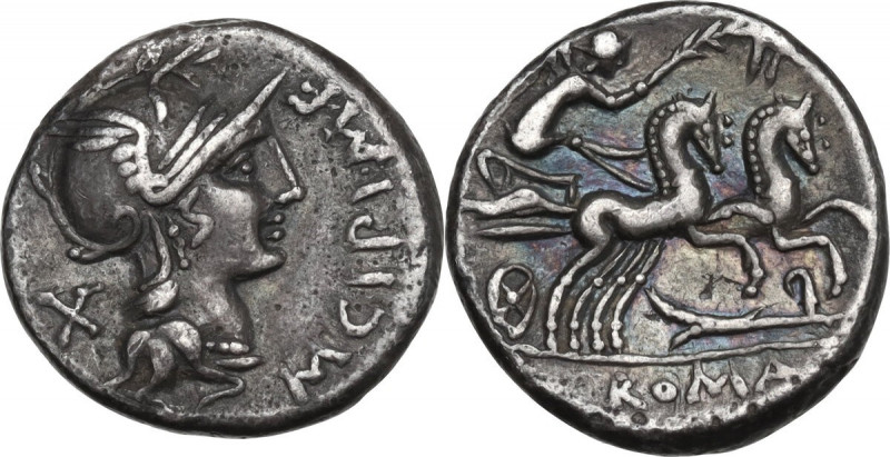 M. Cipius M.f. AR Denarius, 115 or 114 BC. Obv. Helmeted head of Roma right; bef...