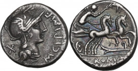 M. Cipius M.f. AR Denarius, 115 or 114 BC. Obv. Helmeted head of Roma right; before, M. CIPI M. F; behind, X. Rev. Victory in biga right, holding rein...