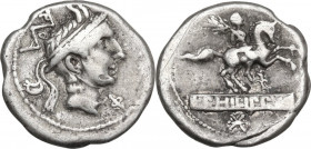 L. Philippus. AR Denarius, 113 or 11 BC. Obv. Head of Philip of Macedon right, wearing royal Macedonian helmet; under chin, Φ; behind, ROMA monogram. ...