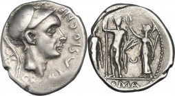 Cn. Blasio Cn. F. AR Denarius, 112-111 BC. Obv. Helmeted head right (Scipio Africanus the Elder or Blasio?), X above, CN. BLASIO. CN.F. before and sta...