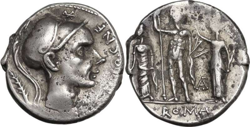 Cn. Blasio Cn. F. AR Denarius, 112-111 BC. Obv. Helmeted head right (Scipio Afri...