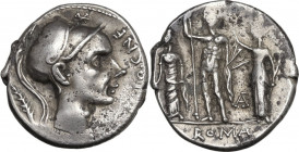 Cn. Blasio Cn. F. AR Denarius, 112-111 BC. Obv. Helmeted head right (Scipio Africanus the Elder or Blasio?), X above, CN. BLASIO. CN.F. before and pal...