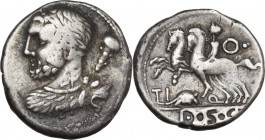 Ti. Quinctius. AR Denarius, c. 112-111 BC. Obv. Bust of Hercules left, seen from behind, with club above right shoulder. Rev. Desultor left; behind, O...
