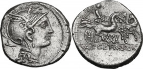 Appius Claudius Pulcher, T. Manlius Mancinus and Q. Urbinius. AR Denarius, 111-110 BC. Obv. Helmeted head of Roma right, circle in square behind. Rev....