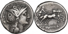 C. Claudius Pulcher. AR Denarius, 110 or 109 BC. Obv. Helmeted head of Roma right. Rev. Victory in biga right, holding reins; in exergue, C. PVLCHER. ...