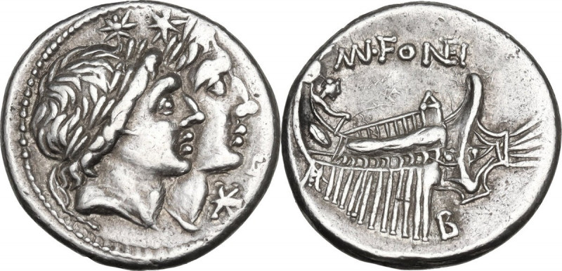 Mn. Fonteius. AR Denarius,108 -107 BC. Obv. Jugate and laureate heads of Dioscur...