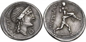 M. Herennius. AR Denarius, 108-107 BC. Obv. PIETAS. Diademed head of Pietas right; below chin, O and dot. Rev. M. HERENNI. One of the Catanean brother...