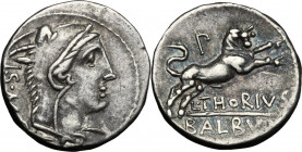 L. Thorius Balbus. AR Denarius, 105 BC. Obv. Head of Juno of Lanuvium right, wearing goat's skin, I.S.M.R. behind. Rev. Bull charging right, P above, ...
