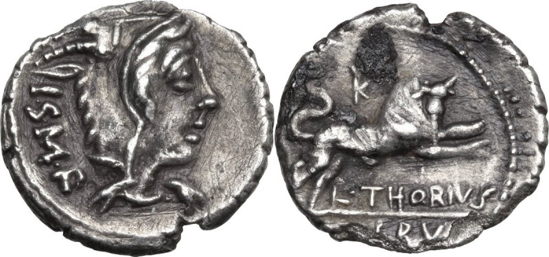 L. Thorius Balbus. AR Denarius, 105 BC. Obv. Head of Juno of Lanuvium right, wea...