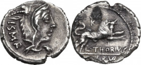 L. Thorius Balbus. AR Denarius, 105 BC. Obv. Head of Juno of Lanuvium right, wearing goat's skin, I.S.M.R. behind. Rev. Bull charging right, K above, ...
