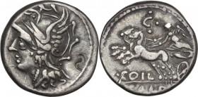 C. Coelius Caldus. AR Denarius, 104 BC. Obv. Helmeted head of Roma left. Rev. Victory in biga left; below horses, C. COIL; in exergue, CALD; above, C ...