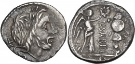 P. Vettius Sabinus. AR Quinarius, 99 BC. Obv. Laureate head of Jupiter right; behind, K. Rev. Victory standing right, crowning trophy; between, P. SAB...