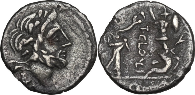 T. Cloelius. AR Quinarius, 98 BC. Obv. Laureate head of Jupiter right; below, do...