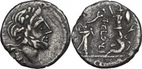 T. Cloelius. AR Quinarius, 98 BC. Obv. Laureate head of Jupiter right; below, dot and E. Rev. Victory standing right, crowning a trophy placed on a ga...
