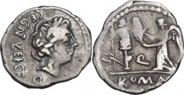C. Egnatuleius C.f. AR Quinarius, 97 BC. Obv. Laureate head of Apollo right; behind, C. EGNATVLEI. C. F; below, Q. Rev. Victory left inscribing shield...