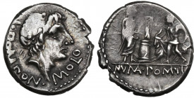 L. Pomponius Molo. AR Denarius, 97 BC. Obv. L. POMPON. MOLO. Laureate head of Apollo right. Rev. Numa Pompilius, holding lituus behind lighted altar t...