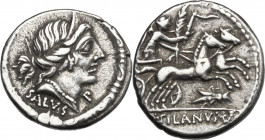 D. Silanus L.f. AR Denarius, 91 BC. Obv. Diademed head of Salus right, SALVS below, P below chin, all within ornamented torque. Rev. Victory in biga r...