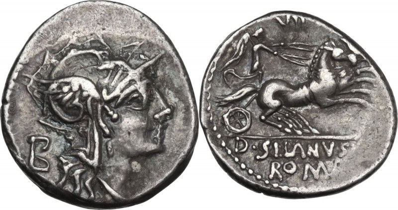 D. Silanus L.f. AR Denarius, 91 BC. Obv. Helmeted head of Roma right; behind, B....