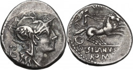 D. Silanus L.f. AR Denarius, 91 BC. Obv. Helmeted head of Roma right; behind, B. Rev. Victory in biga right; above, VII ; in exergue, D. SILANVS [L.F]...