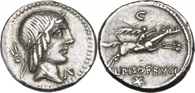 L. Calpurnius Piso Frugi. AR Denarius, 90 BC. Obv. Laureate head of Apollo right...