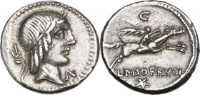 L. Calpurnius Piso Frugi. AR Denarius, 90 BC. Obv. Laureate head of Apollo right; behind, cicada; below chin, A. Rev. Horseman galloping right, holdin...