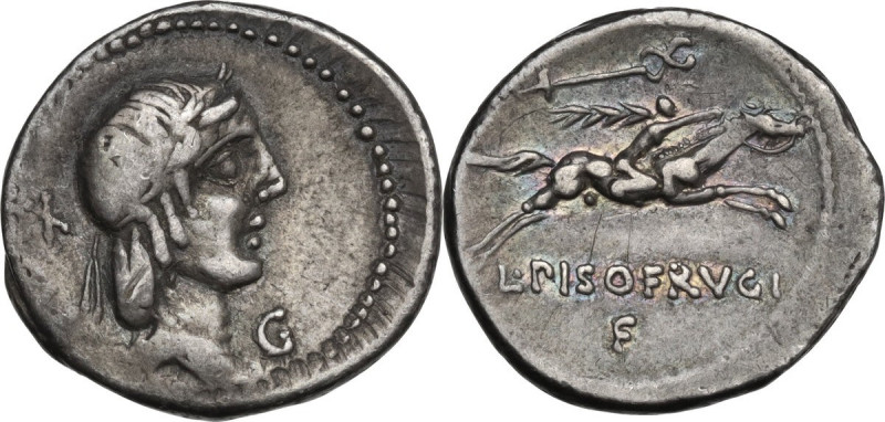 L. Calpurnius Piso Frugi. AR Denarius, 90 BC. Obv. Laureate head of Apollo right...