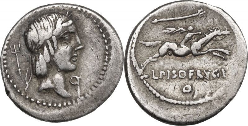 L. Calpurnius Piso Frugi. AR Denarius, 90 BC. Obv. Laureate head of Apollo right...