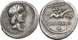 L. Calpurnius Piso Frugi. AR Denarius, 90 BC. Obv. Laureate head of Apollo right; behind, trident; below chin, O. Rev. Horseman galloping right, holdi...