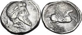 Q. Titius. AR Denarius, 90 BC. Obv. Head of Mutinus Titinus-Priapus right, wearing winged diadem. Rev. Pegasus prancing right; below, Q.TITI in frame....