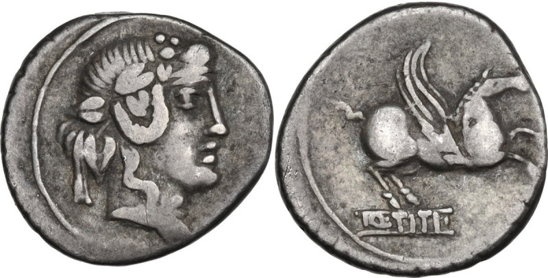 Q. Titius. AR Denarius, 90 BC. Obv. Head of Liber right, wearing ivy-wreath. Rev...