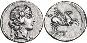 Q. Titius. AR Denarius, 90 BC. Obv. Head of Liber right, wearing ivy-wreath. Rev. Pegasus prancing right; below, Q·TITI in frame. Cr. 341/2; B. 2. AR....