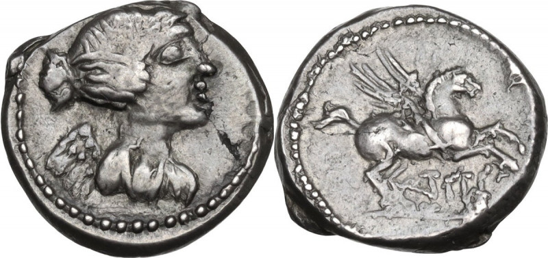 Q. Titius. AR Quinarius, 90 BC. Obv. Draped bust of Victory right. Rev. Pegasus ...