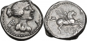 Q. Titius. AR Quinarius, 90 BC. Obv. Draped bust of Victory right. Rev. Pegasus right; below, Q. TITI. Cr. 341/3; B. 3. AR. 2.23 g. 14.00 mm. An inter...