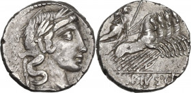 C. Vibius C.f. Pansa. AR Denarius, circa 90 BC. Obv. [PANSA] Laureate head of Apollo right; below chin, [control mark]. Rev. Minerva in fast quadriga ...