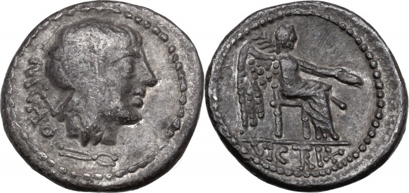 M. Cato. AR Quinarius, 89 BC. Obv. M. CATO. Ivy-wreathed head of Liber right; be...