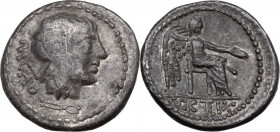 M. Cato. AR Quinarius, 89 BC. Obv. M. CATO. Ivy-wreathed head of Liber right; below, tongs. Rev. Victory seated right, holding patera and palm-branch;...