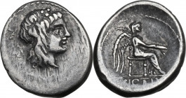 M. Cato. AR Quinarius, 89 BC. Obv. [M. CATO] Ivy-wreathed head of Liber right; below, traces of uncertain symbol. Rev. Victory seated right, holding p...