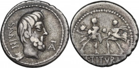 L. Titurius L. f. Sabinus. AR Denarius, 89 BC. Obv. Bearded head of King Tatius right; before, TA legate; behind, SABIN. Rev. Rape of the Sabine women...