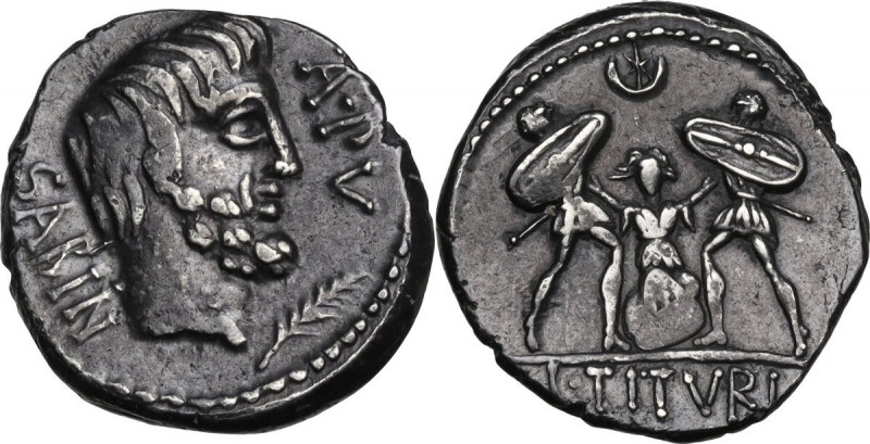 L. Titurius L. f. Sabinus. AR Denarius, 89 BC. Obv. Bearded head of King Tatius ...