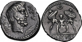 L. Titurius L. f. Sabinus. AR Denarius, 89 BC. Obv. Bearded head of King Tatius right; before, A. PV and palm branch. Rev. Killing of Tarpeia; above, ...