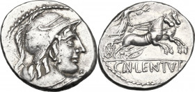 Cn. Lentulus Clodianus. AR Denarius, 88 BC. Obv. Helmeted bust of Mars, seen from behind, head right. Rev. Victory in biga right; in exergue, CN. LENT...