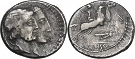 C. Censorinus. AR Denarius, 88 BC. Obv. Jugate heads of Numa Pompilius and Ancus Marcius right. Rev. Two horses galloping right, rider on near one; be...