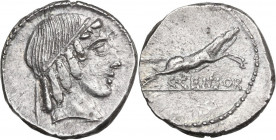 C. Censorinus. AR Denarius, 88 BC. Obv. Diademed head of Apollo right. Rev. Horse galloping right; below, C. CENSOR; in exergue, doubtful traces of un...