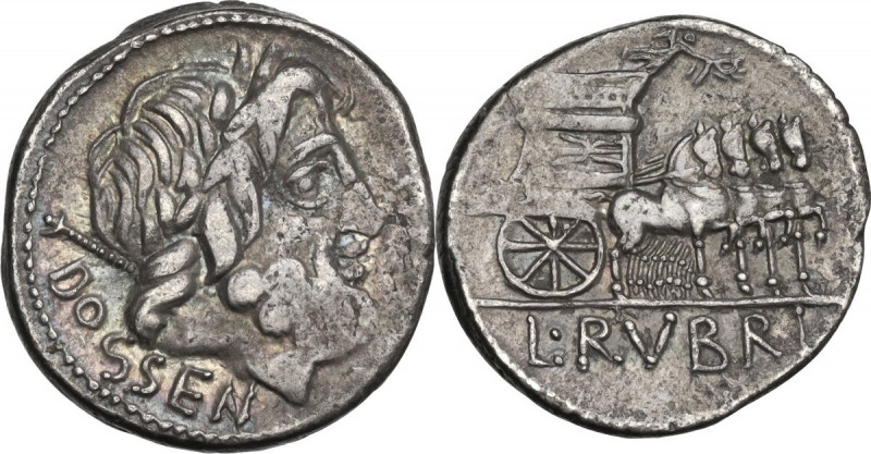 L. Rubrius Dossenus. AR Denarius, 87 BC. Obv. DOSSEN. Laureate head of Jupiter r...