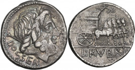 L. Rubrius Dossenus. AR Denarius, 87 BC. Obv. DOSSEN. Laureate head of Jupiter right, sceptre over shoulder. Rev. Triumphal quadriga right decorated w...