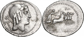 L. Julius Bursio. AR Denarius, 85 BC. Obv. Male head right, with the attributes of Apollo, Mercury and Neptune; behind, double hook. Rev. Victory in q...