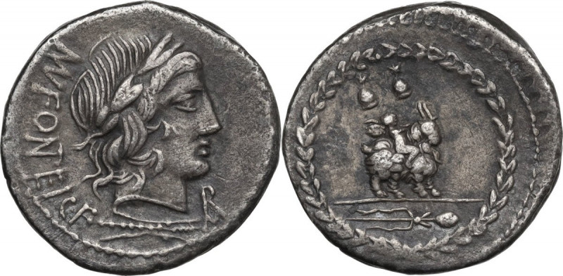 Mn. Fonteius C. f. AR Denarius, 85 BC. Obv. Laureate head of Vejovis right, MN. ...