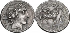 Mn. Fonteius C. f. AR Denarius, 85 BC. Obv. MN FONTEI. Laureate head of Apollo right; below, thunderbolt and below chin, C.F. Rev. Cupid on goat right...