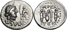 L. Sulla. AR Denarius, 84-83 BC. Obv. Diademed head of Venus right; in right field, Cupid standing left, holding palm branch; below, L. SVLLA. Rev. Ca...