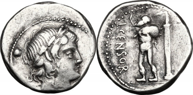 L. Censorinus. AR Denarius, 82 BC. Obv. Laureate head of Apollo right; to left, ...